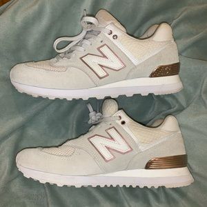 new balance 574 cream and rose gold trainers